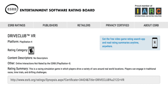 Driveclub VR ESRB rating