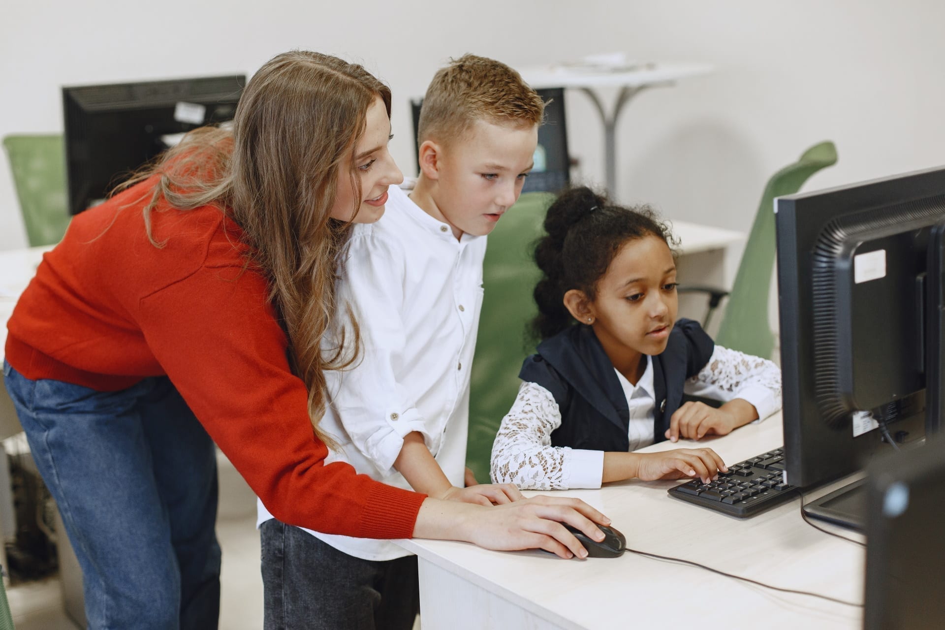 children learns work computer african girl sitting table boy girl computer science class