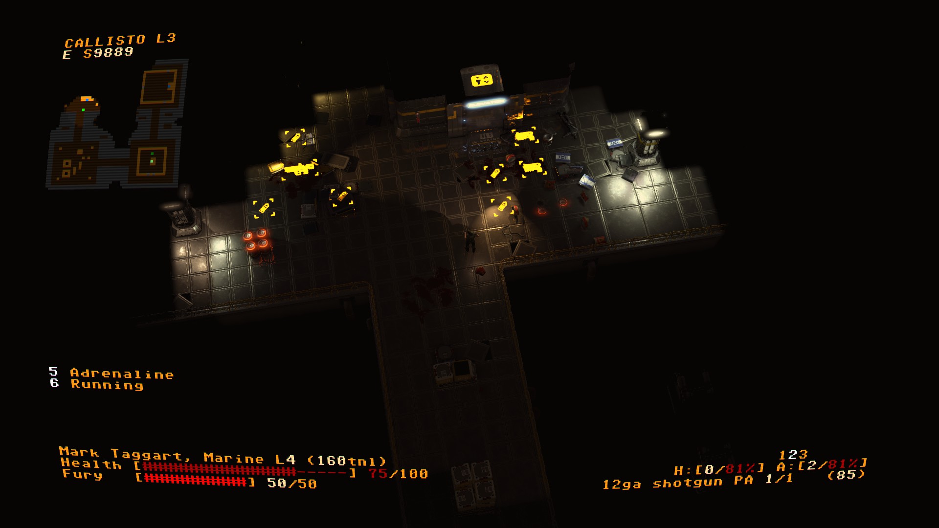 Jupiter Hell Screenshot, inside of the space station, weapons and ammo spread around the room