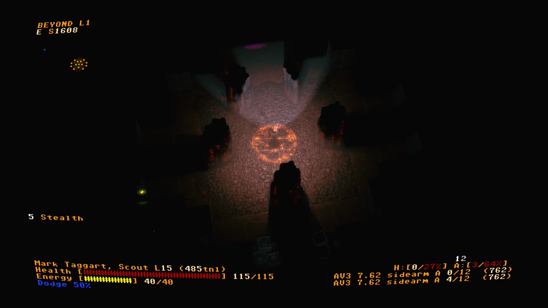 Jupiter Hell Screenshot, top-down view of a cavern, with a ritual circle drawn on the ground