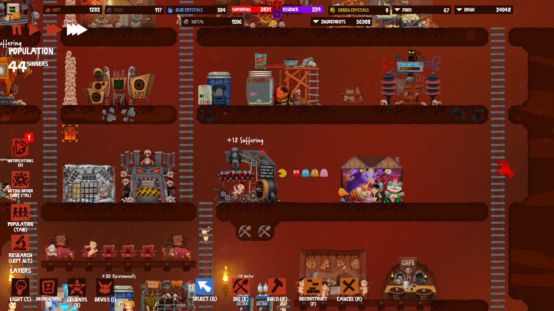 A screenshot of Hell Architect sandbox mode, showing different torture devices and a Pac Man decoration