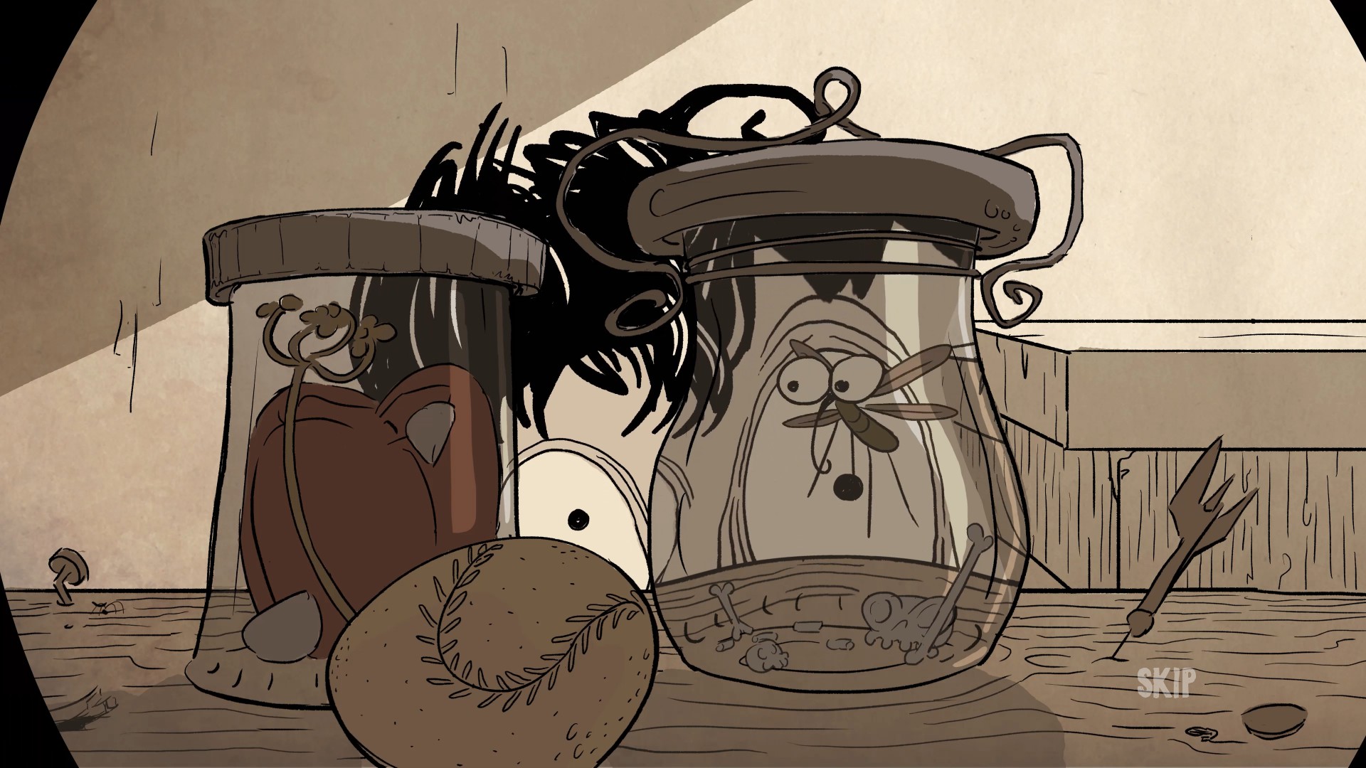 Artwork of a young boy inspecting an insect in a jar.