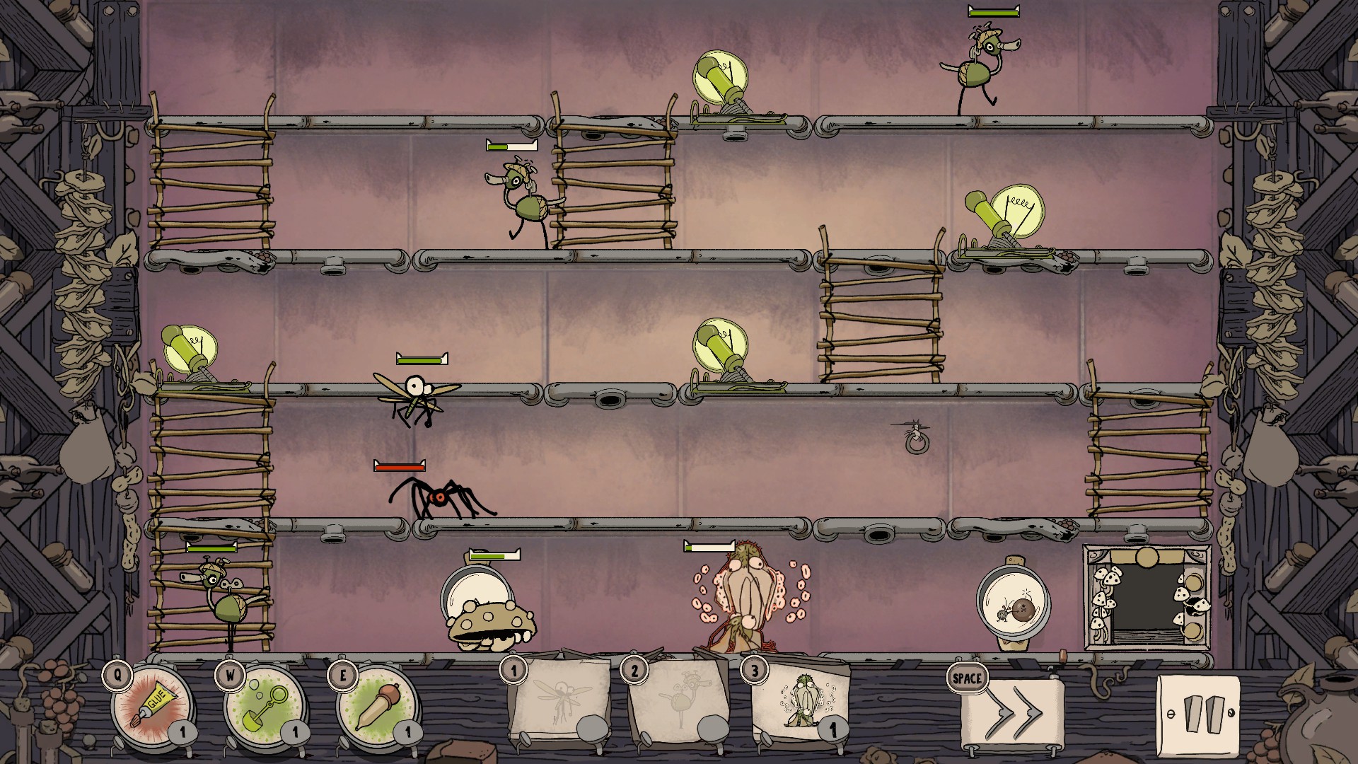 Shelves connected by lathers and different insects moving around them.