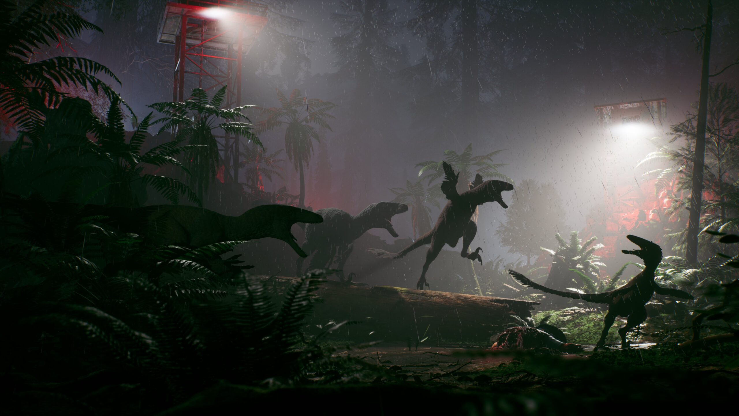 The Lost Wild screenshot, showing multiple dinasours attacking during a rainy night