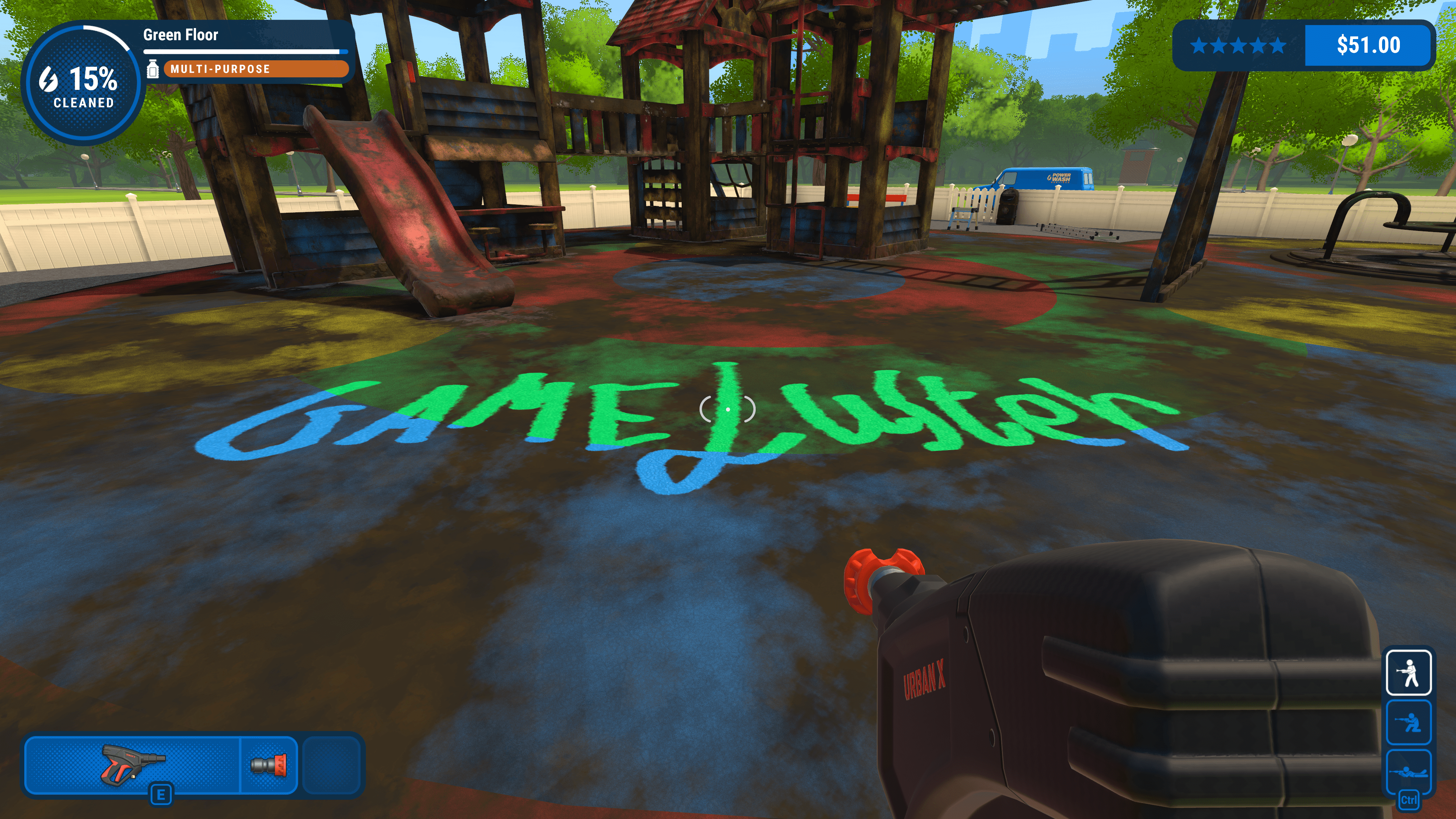 The GameLuster logo written in the dirt in PowerWash Simulator.