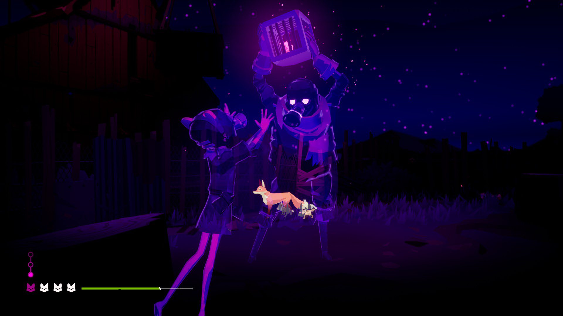 Endling Screenshot 03 A fox examining purple projections of past events