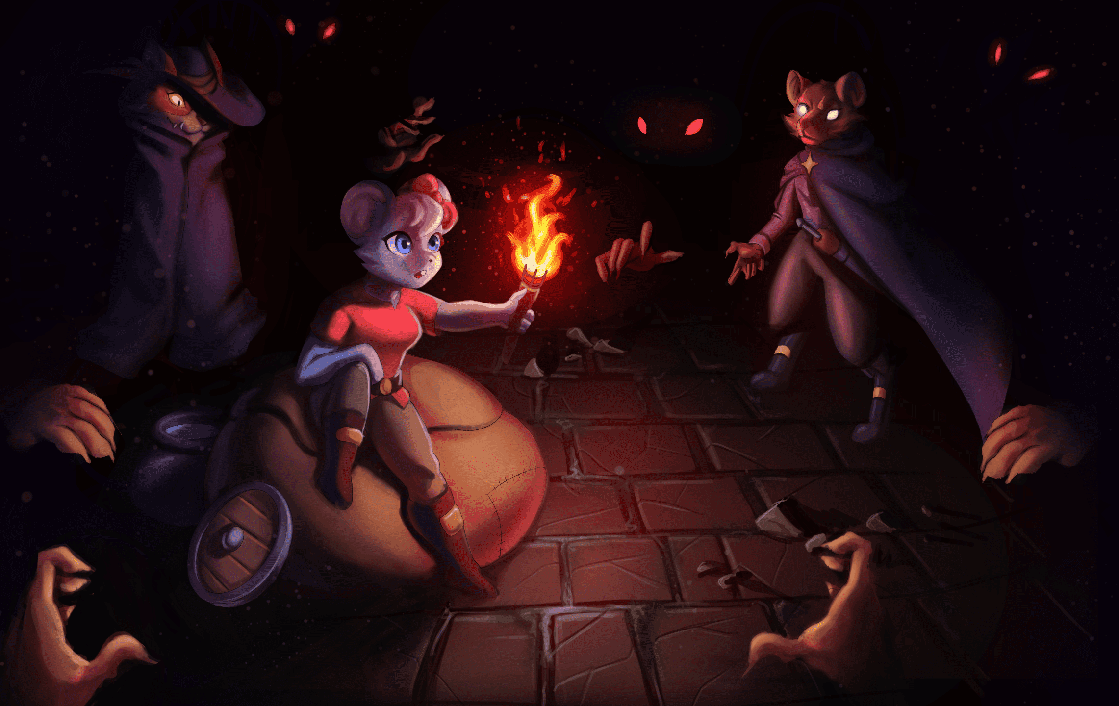 Purse the Packrat sitting on their backpack and holding a torch in a dungeon, surrounded by enemies.