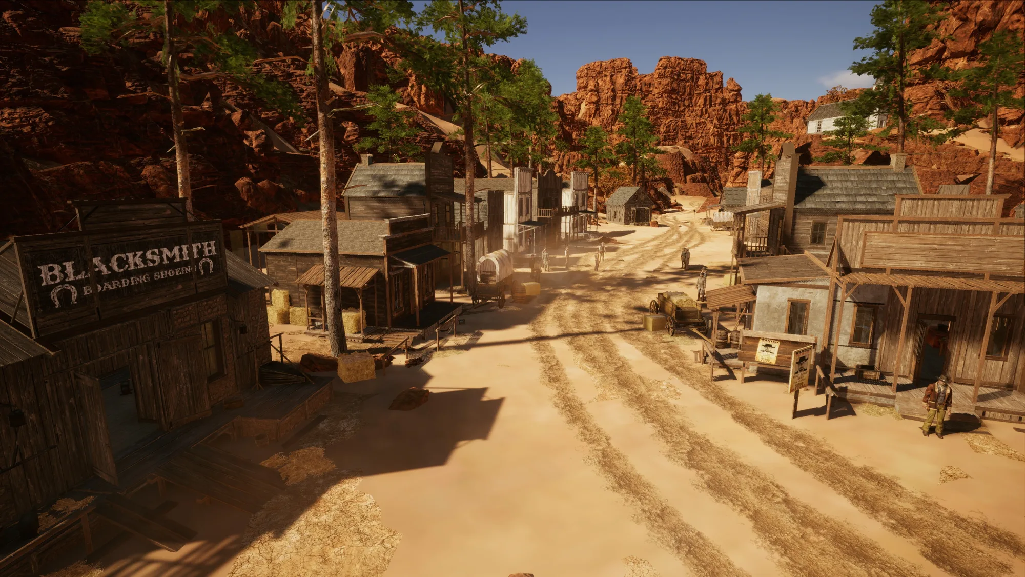 A screenshot of Wild West Dynasty, showing a Blacksmith shop and other buildings along a sandy desert road.