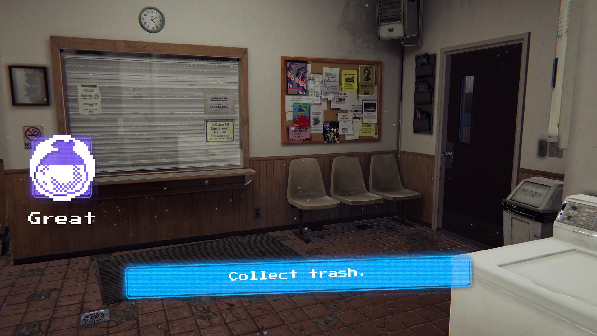 A screenshot of the Arcade Paradise tutorial introducing the player to their chores