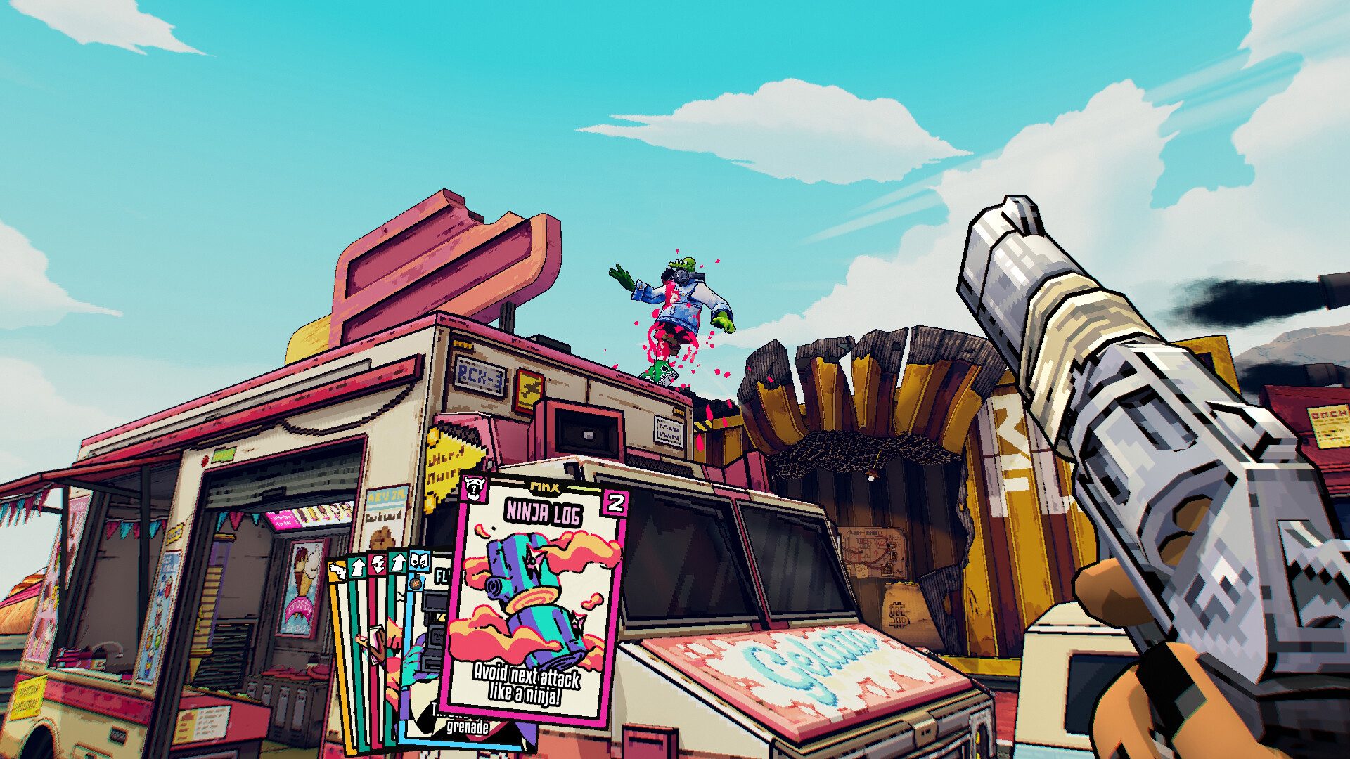 Friends VS Friends Friends VS Friends screenshot, showing a green character get shot in first-person by the player character. They have a deck of cards in the lower left that features a card called ninja log, that avoids the next attack like a ninja.