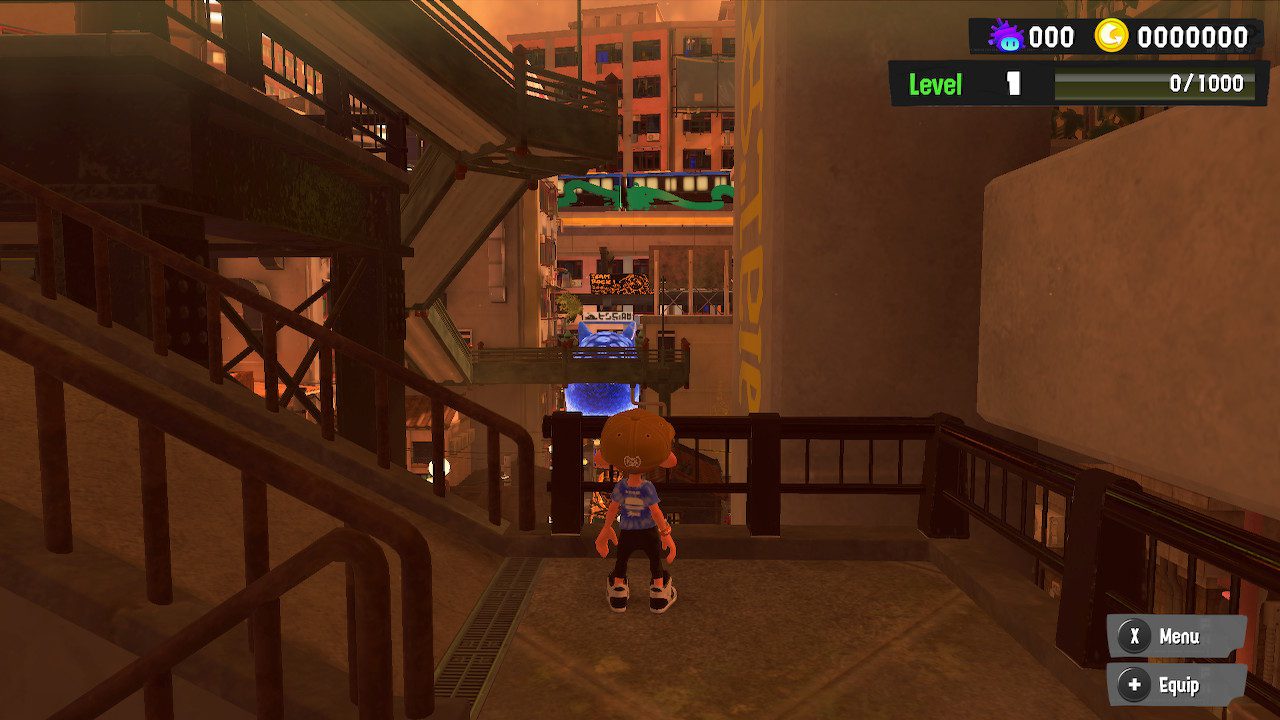 A screenshot of an Octoling looking over Splatsville from a staircase.