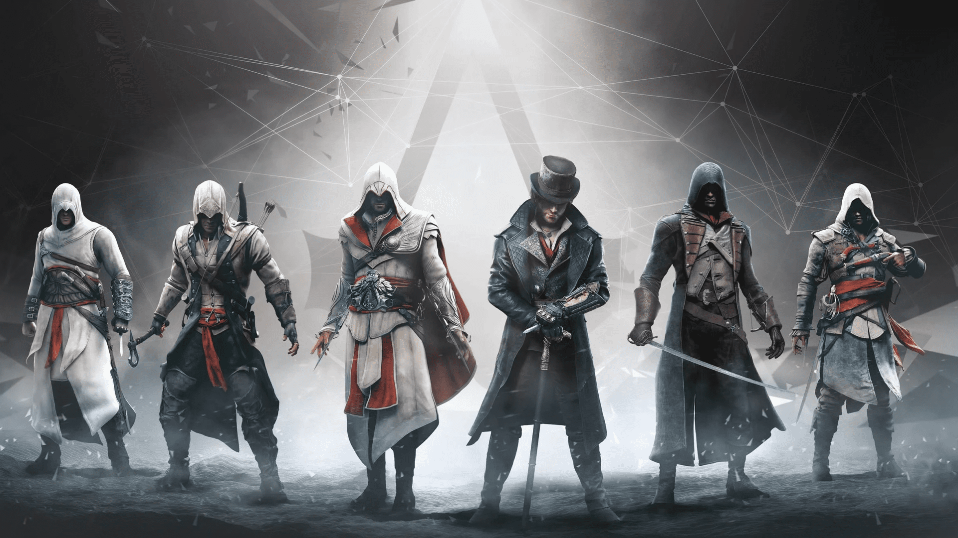 Assassins Creed Franchise Assassins Creed Franchise characters stood in a line in front of the Assassin's Creed logo