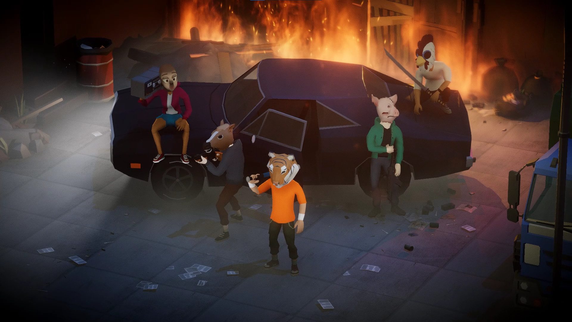 A group of animal-themed goons surrounding a car and burning alley.