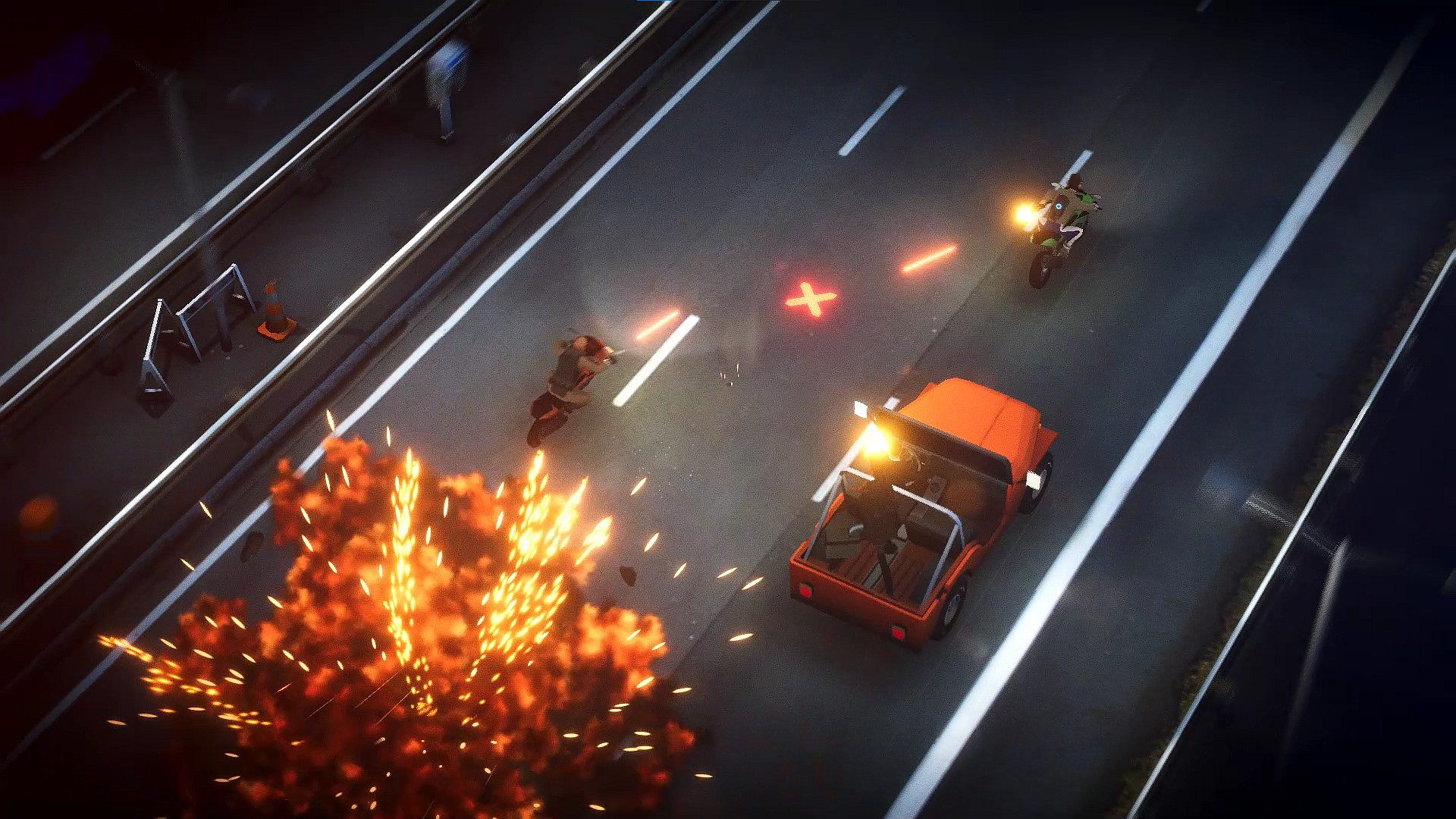A motorcycle chase sequence with bikes, cars, guns, and explosions.