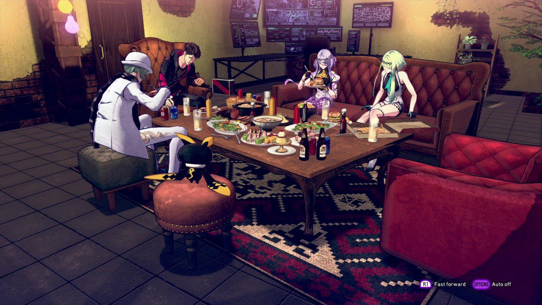 The gang eating a meal.