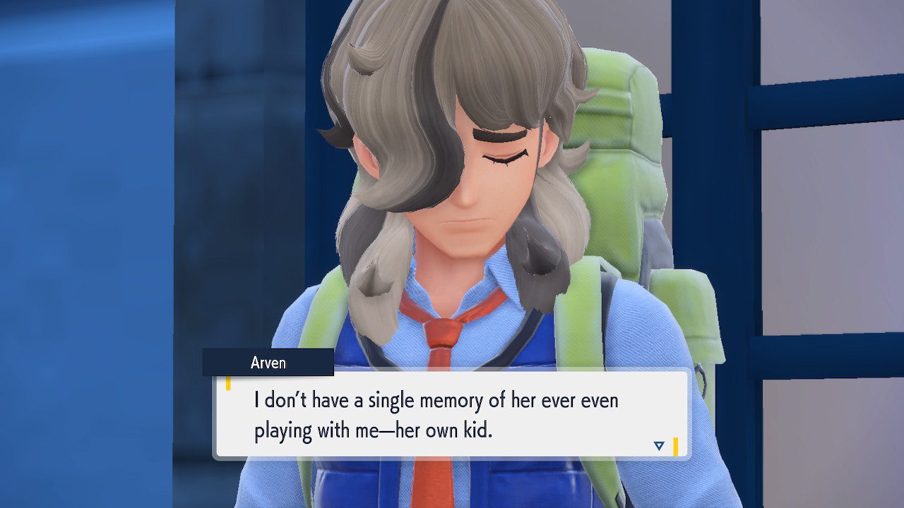 A man with long hair looks down and the dialogue box says "I don't have a single memory of her ever even playing with me -her own kid."
