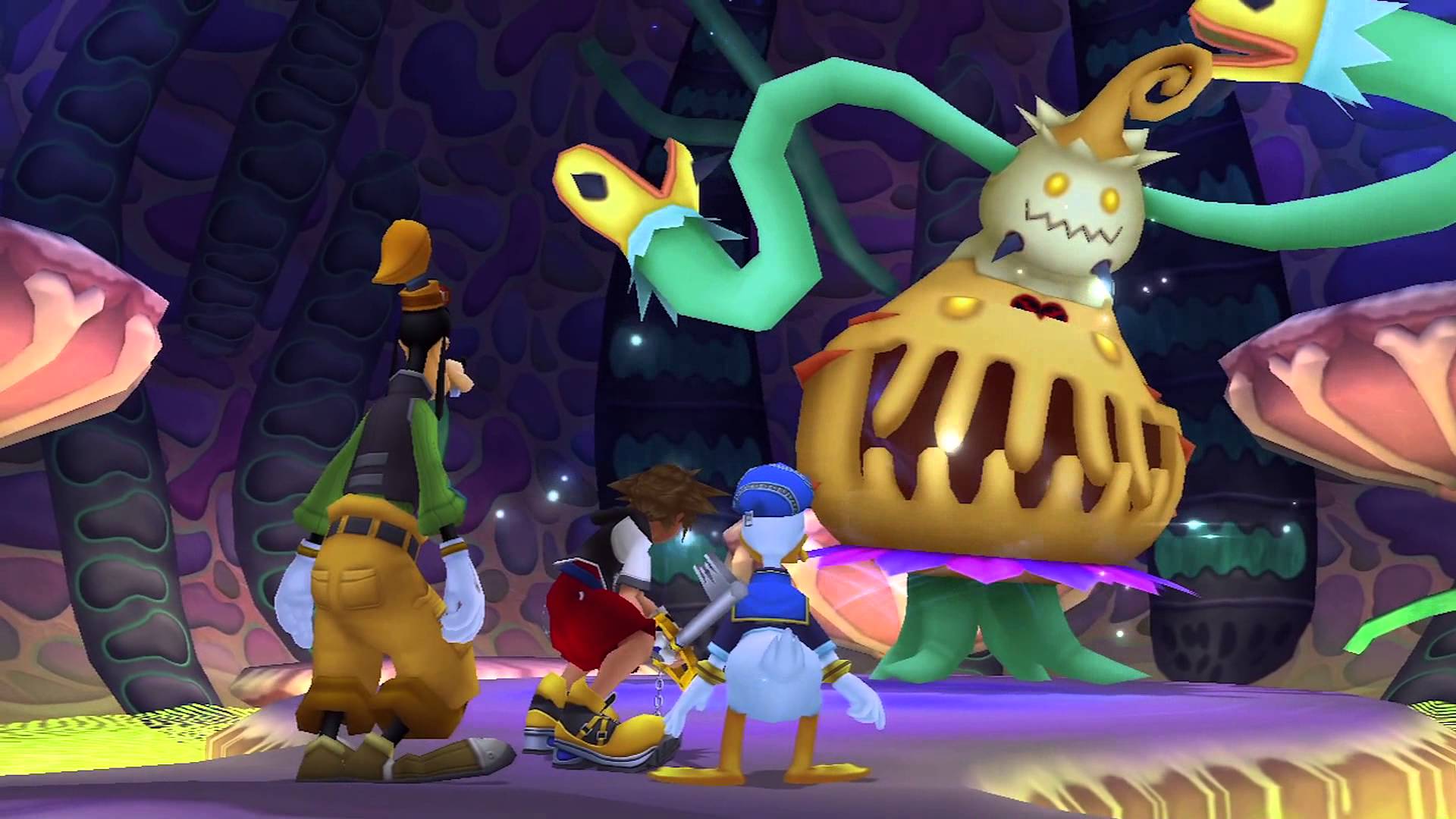 Kingdom Hearts screenshot of the party looking over at a monster