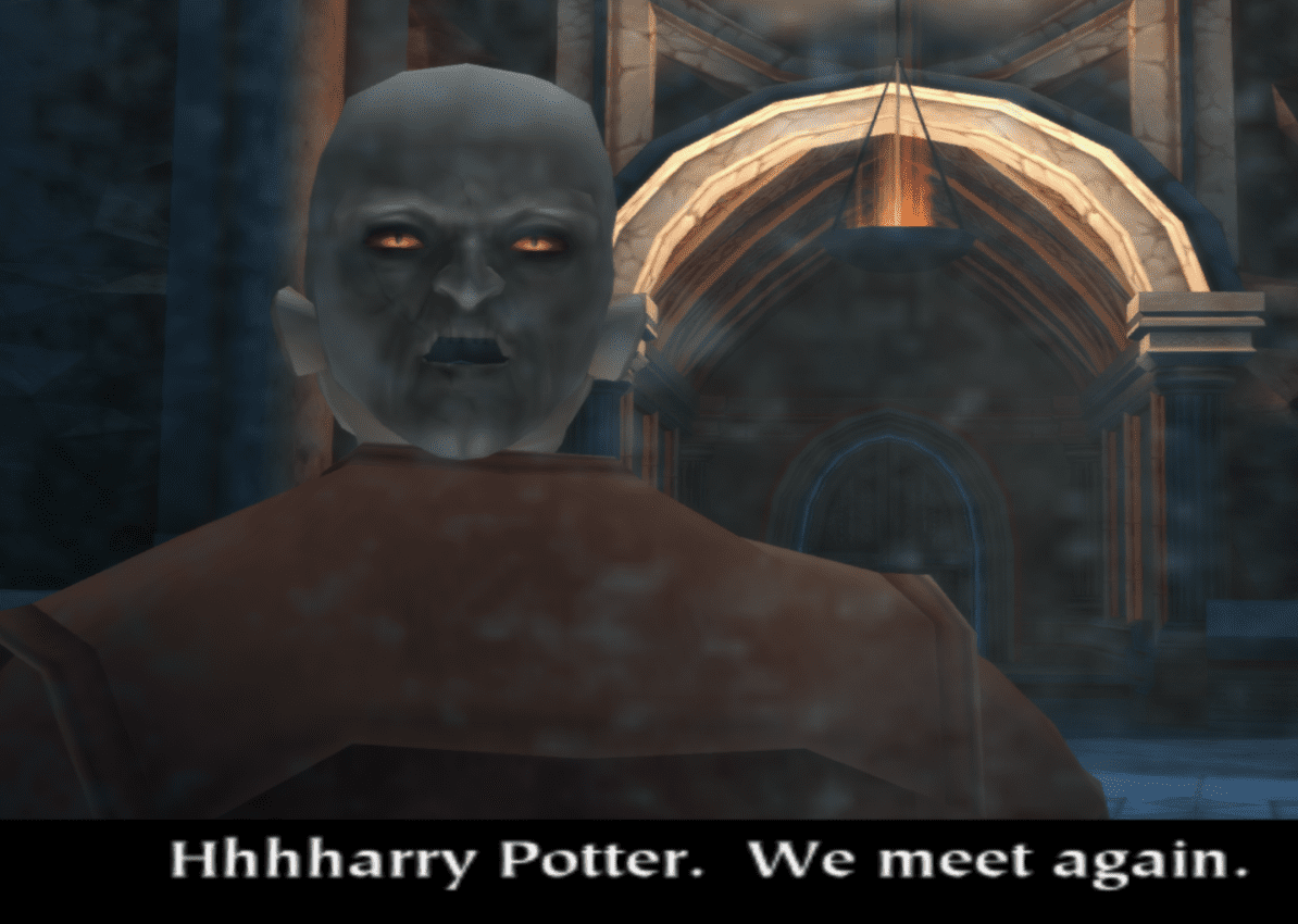 Voldemort from the PS2 version of the Sorcerer's Stone saying "Hhhharry Potter, we meet again"