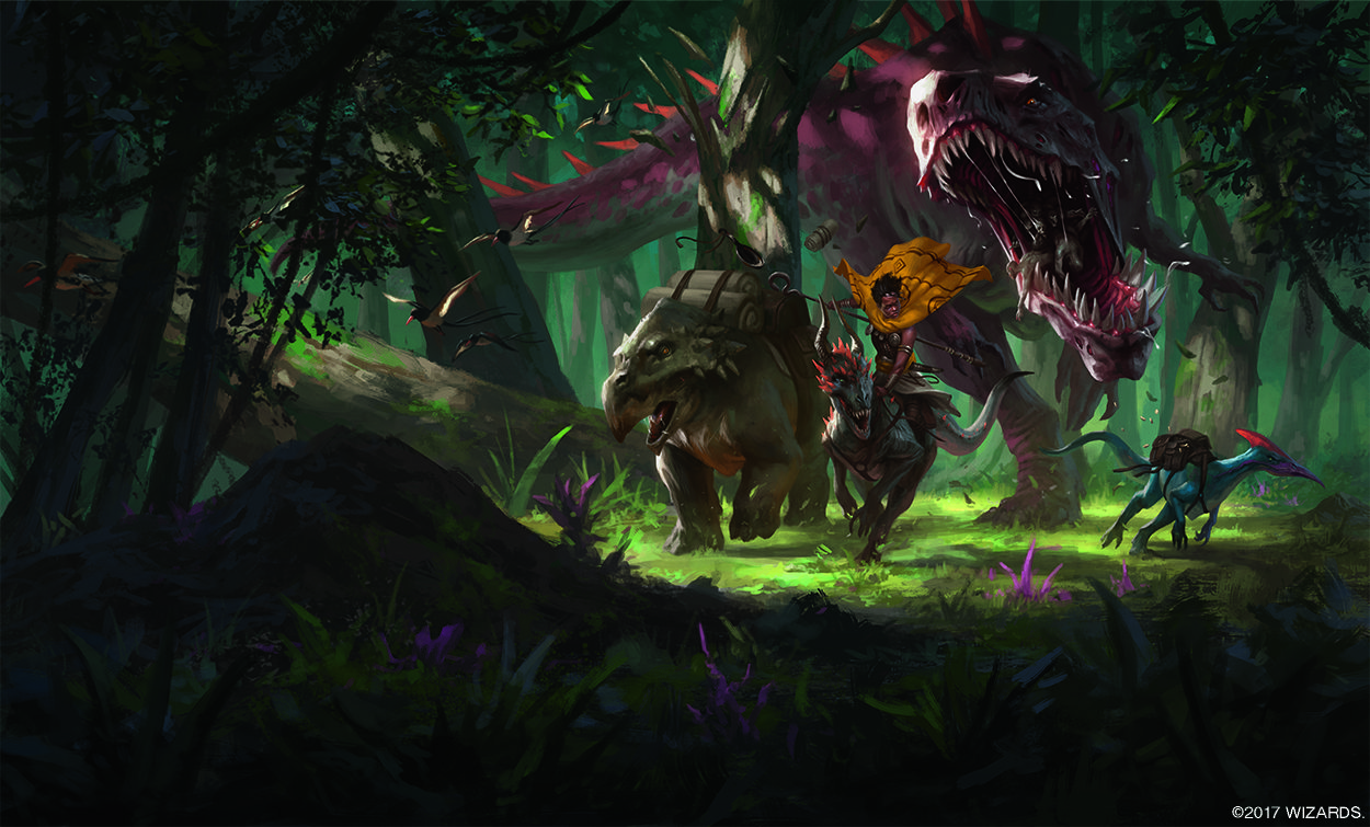 SYWTLPDnD04 A group of dinosaurs run through a forest, evading a T.Rex