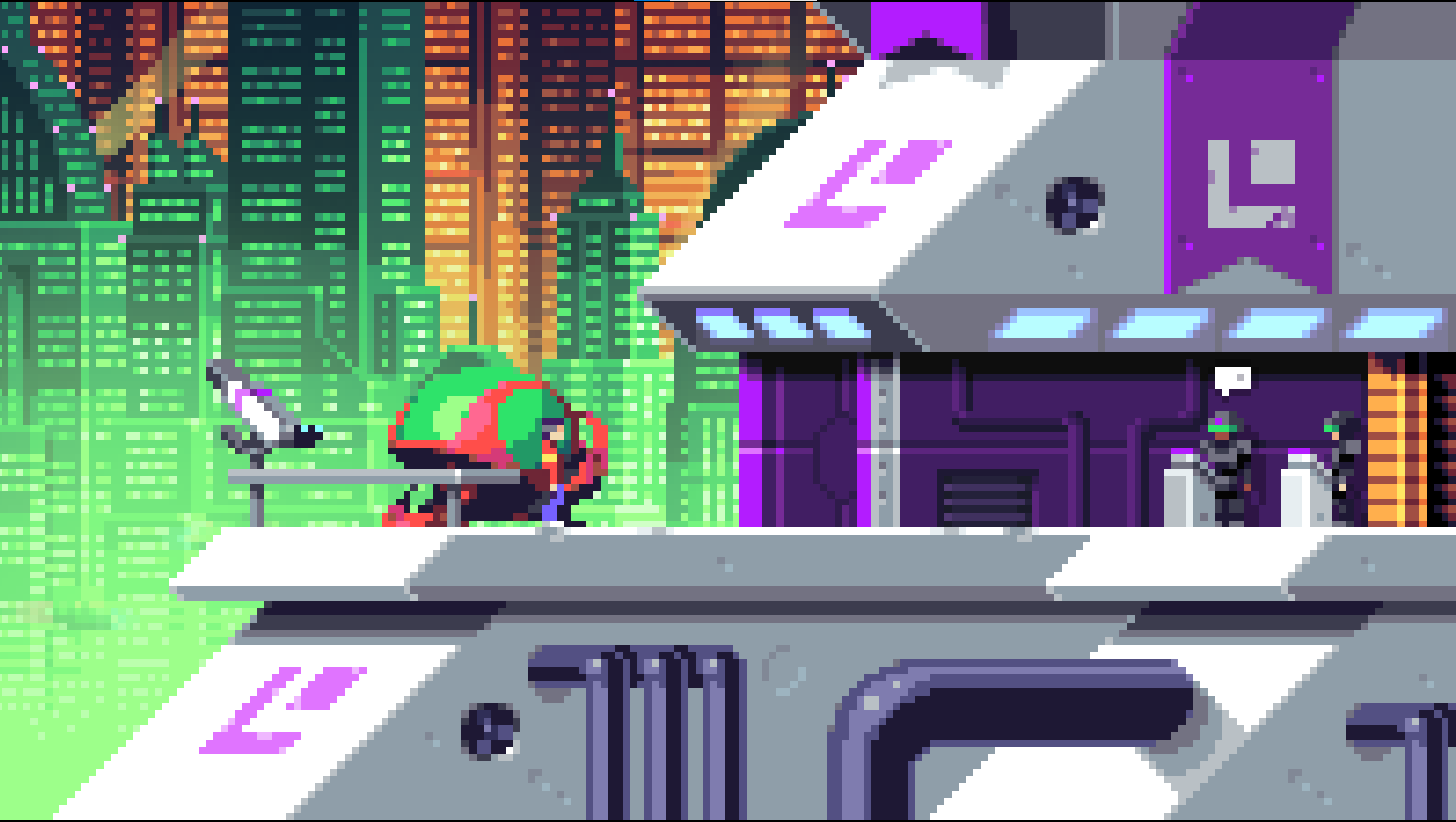 Corporation building, with the player character and NPC guards on the right, and the player character's ship on the left side, with the view of the city in the background.