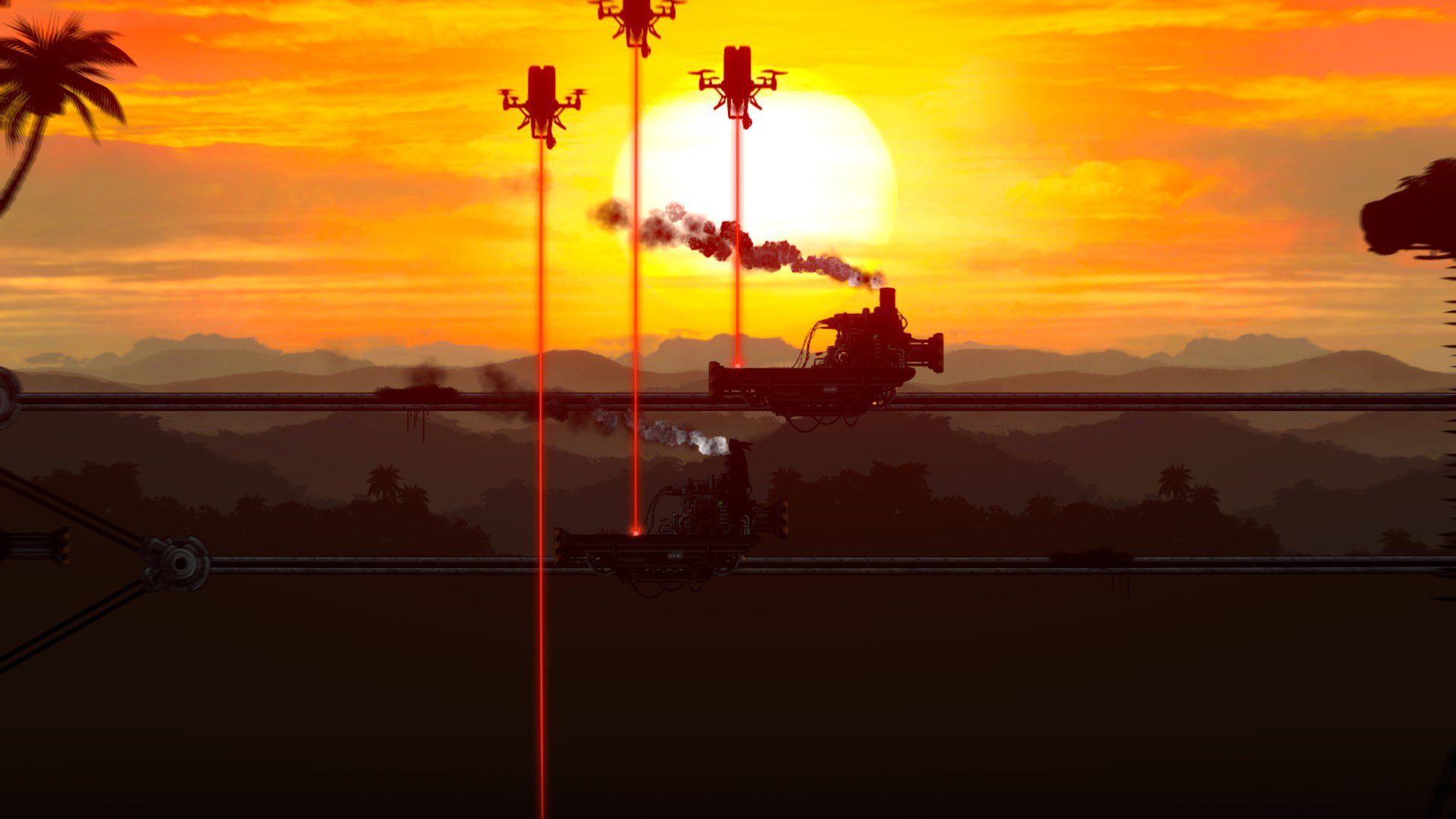 The Library of Babel Screenshot 05 Two moving platforms and three laser drones, with a sunset background.