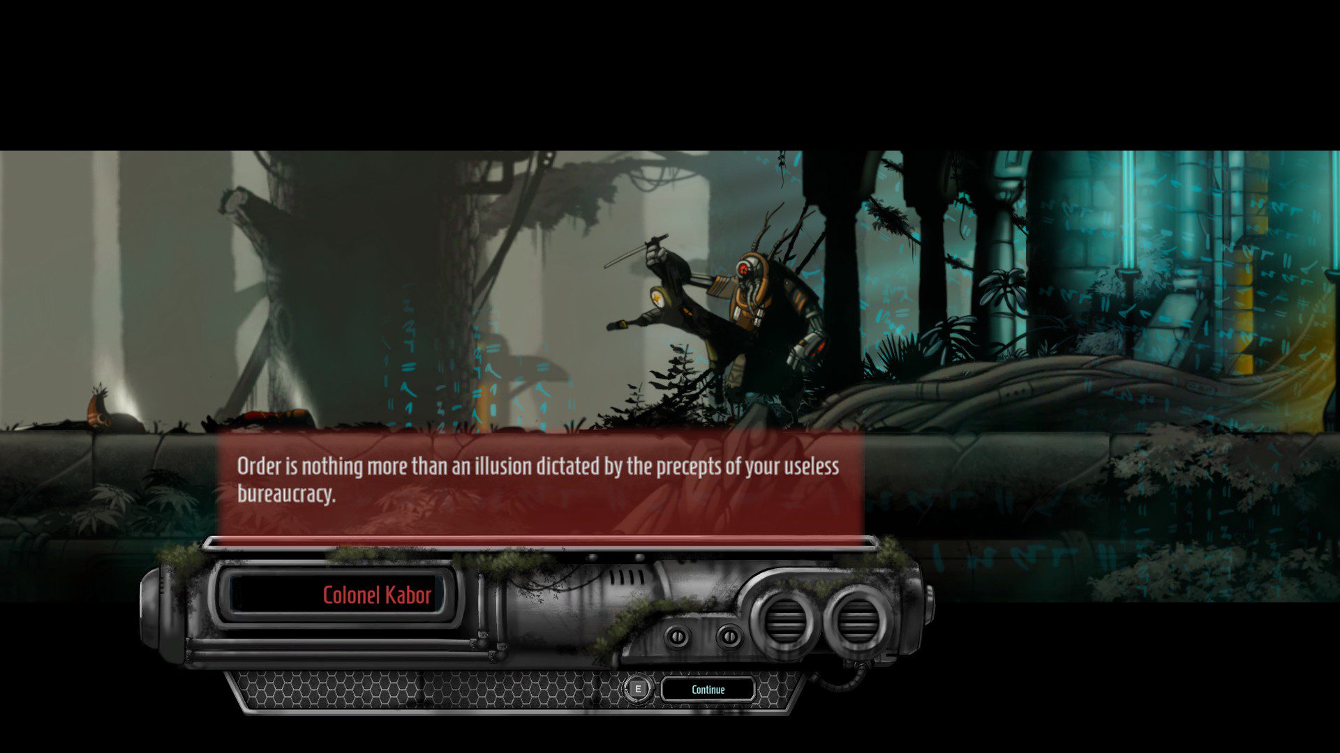 The Library of Babel Screenshot 06 Colonel Kabor holding the body of another android.