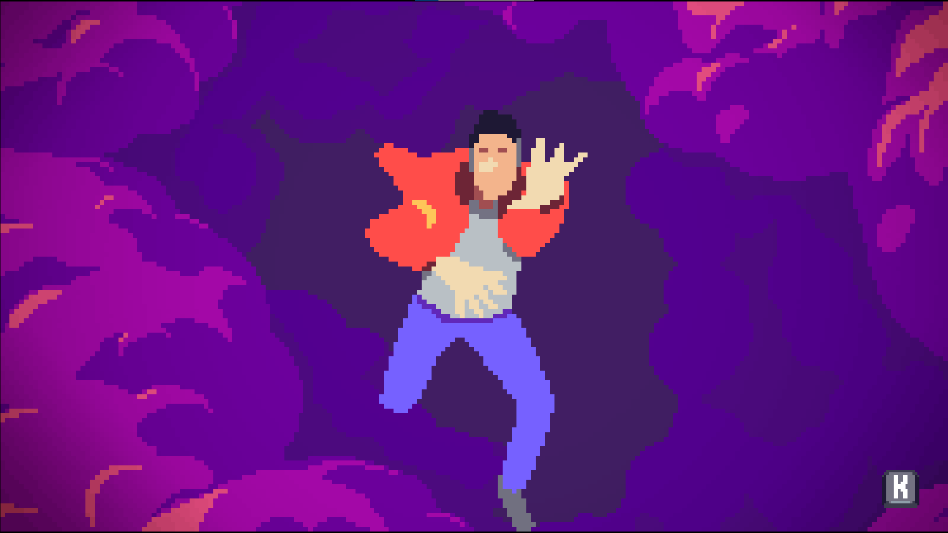 A rotoscoped animation of the main character falling into the clouds