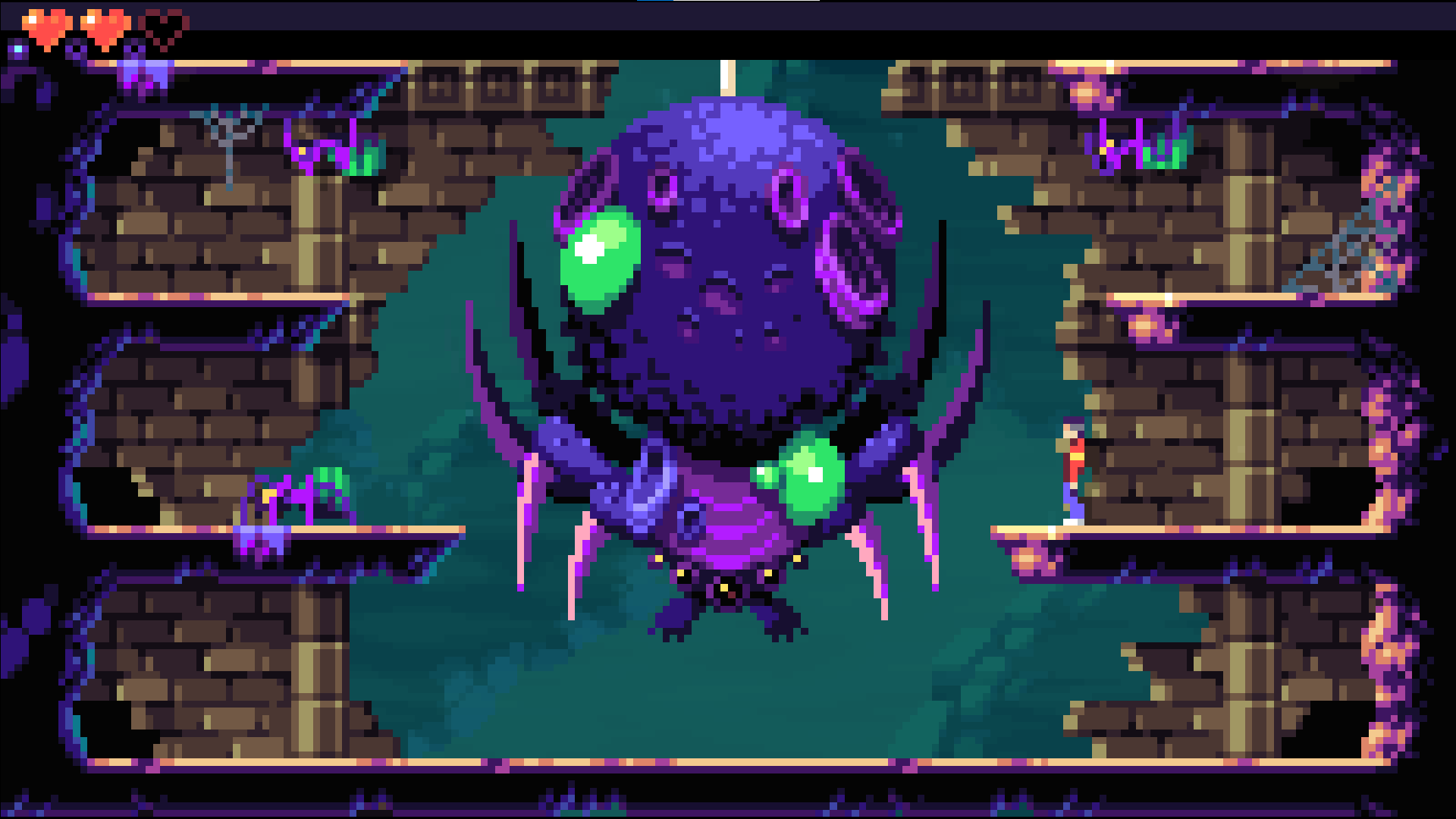 A boss spider, with its babies crawling on its left and right side, and the player character on the middle right platform