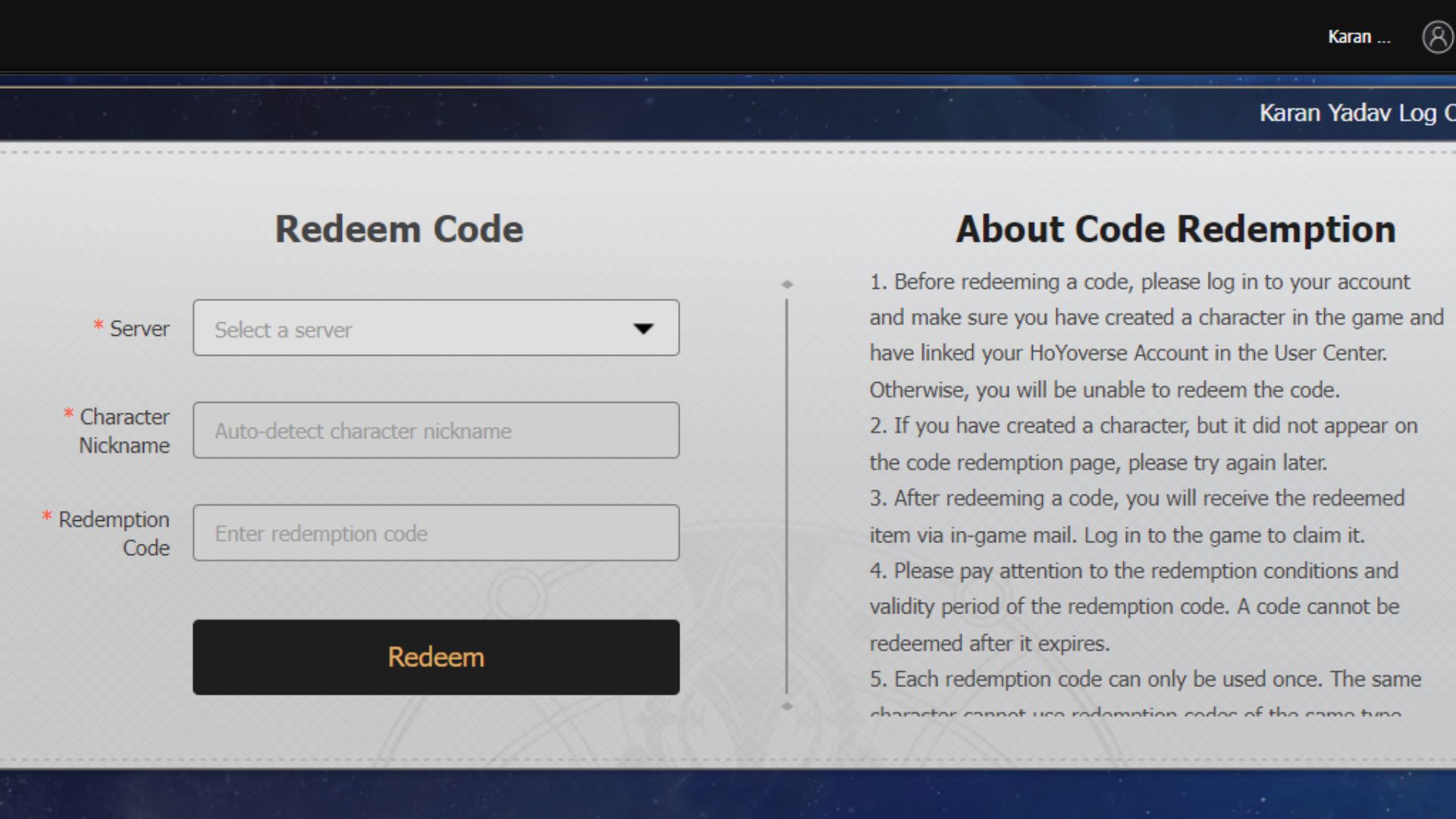 Honkai Star Rail Redeem page