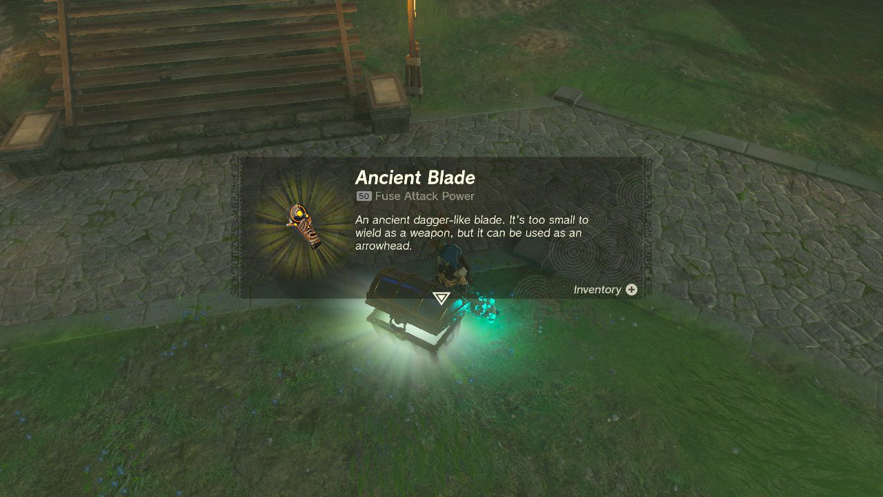 The Guardian drops the Ancient Sheikah Fabric as well as the Ancient Blade, an Arrow attachement with +50 attack power. Point, Click, Delete.