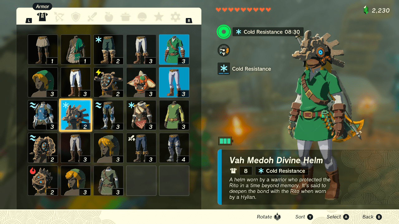 Revali can give you the Vah Medoh Helm, the Rito Champion Fabric, and two bows with low power but longer shot distance.