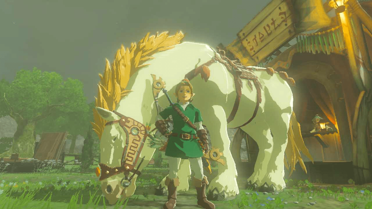 Link and the White Stallion An image of Link in his traditional green garb posing and smiling in front of his large white stallion. The stallion is grazing right next to him.