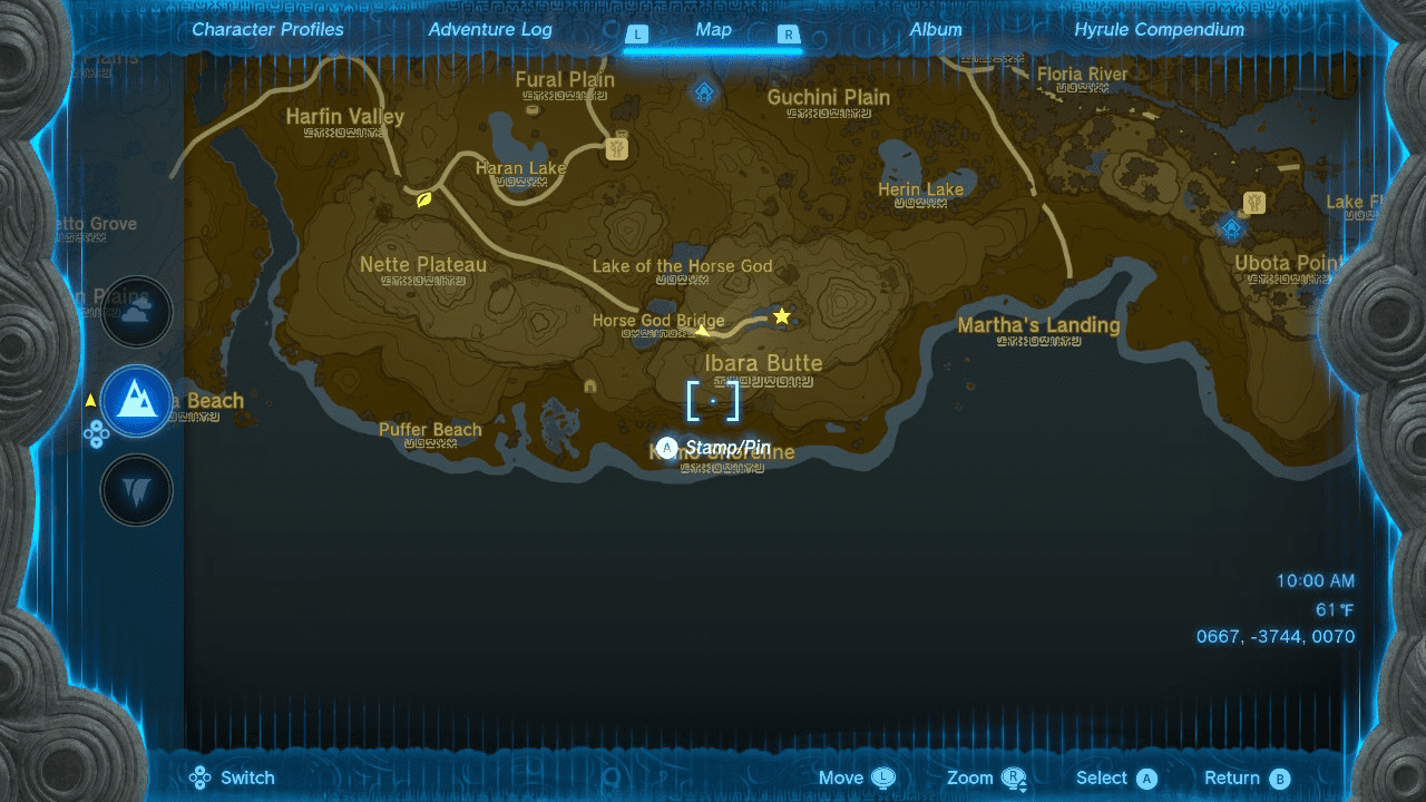 Location of the White Stallion Map of southeast Hyrule with a star stamp indicating the location of where the White Stallion can be found.