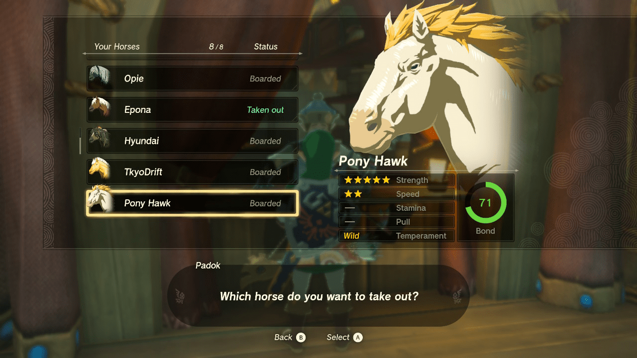 Stat Sheet for the White Stallion Stat sheet for the White Stallion in Zelda. On the left it shows a list of horses owned by the player. On the right it shows a headshot of the White Stallion, his name, and his Strength, Speed, Stamina, Pull, and Temperament stats.