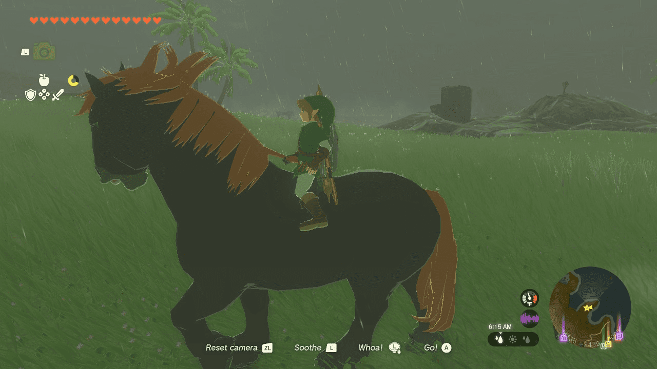Catching Ganon's Horse Link sitting bareback atop a large black horse with an orange mane. The horse is neighing and shaking its head.