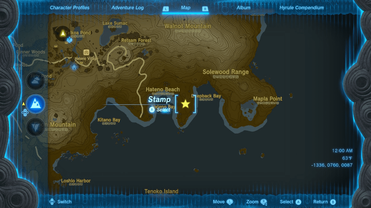 Location of Ganon's Horse Map of southeastern Hyrule with a star on the peninsula where Ganon's horse can be found in the wild.