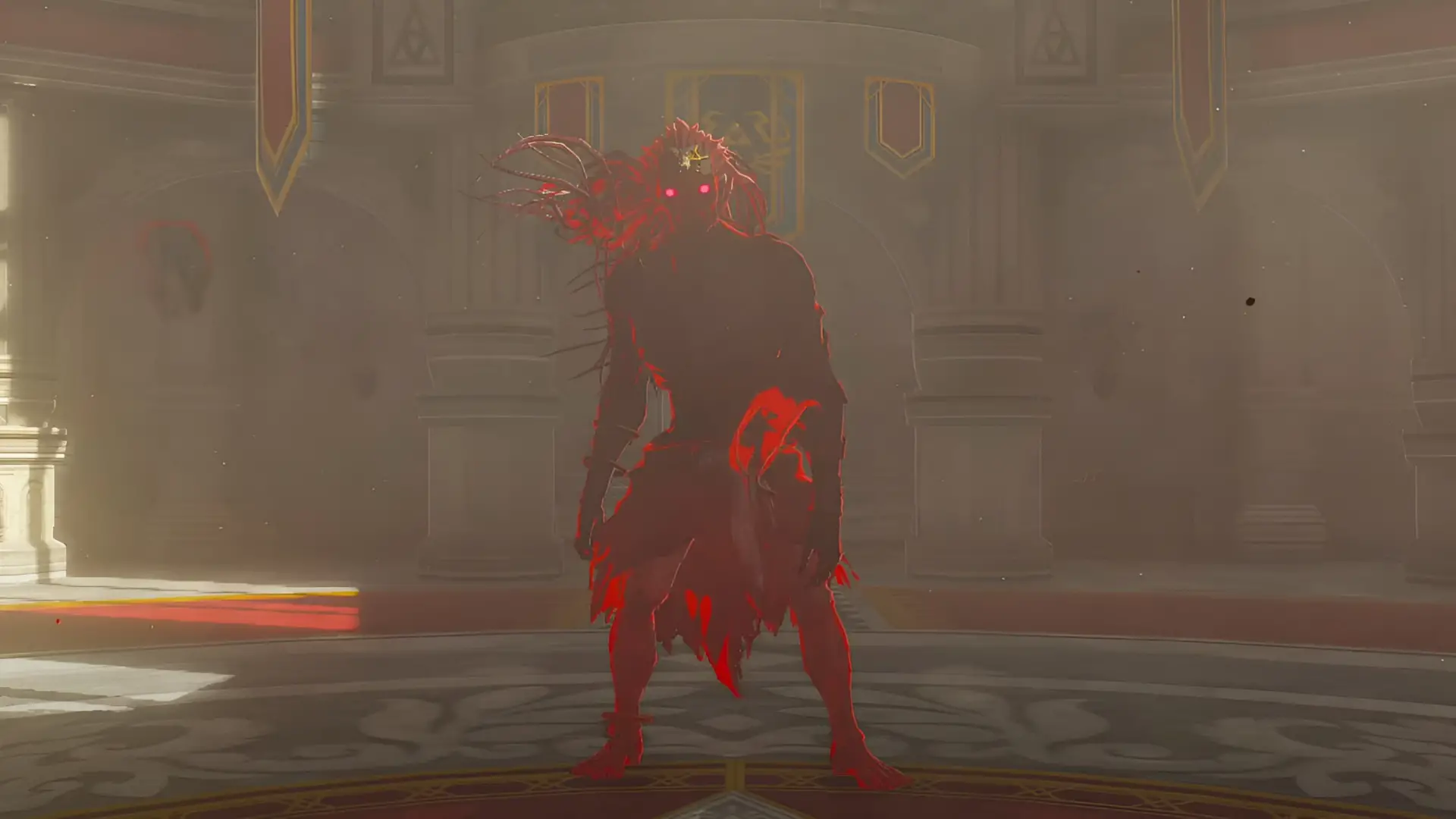 Phantom Ganon stands ominously with the Hylian coat of arms and a banner in the background.