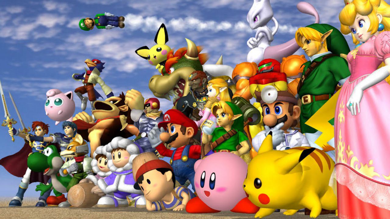 Promotional image for Super Smash Bros. Melee featuring the large roster of characters.