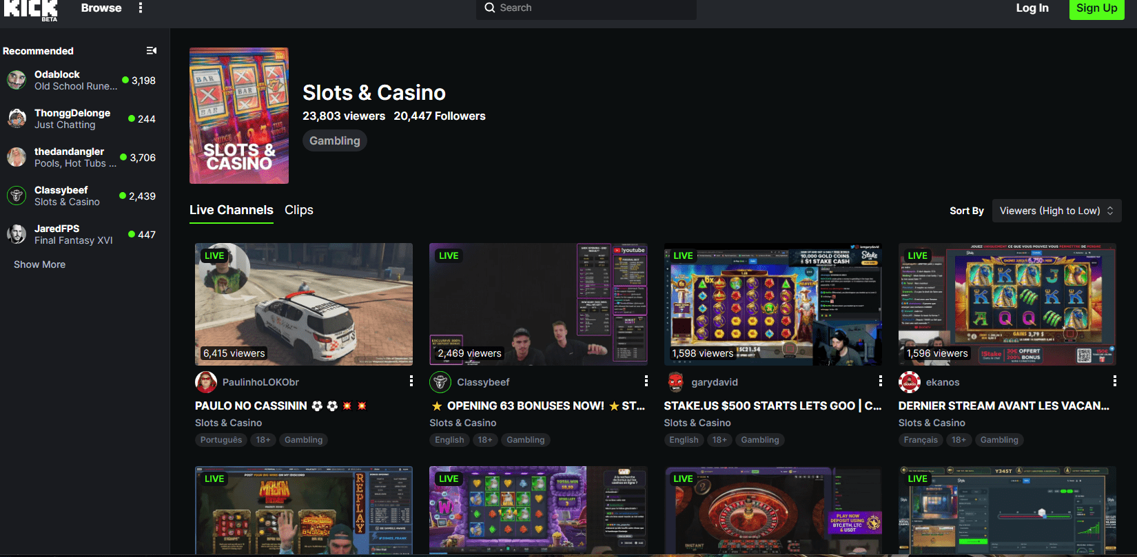 Kick's Gambling Page The landing page for Kick.com's "Slots and Casinos" category, showing a high number of viewers watching streamers hyping their chats with titles meant to lure in more viewers.