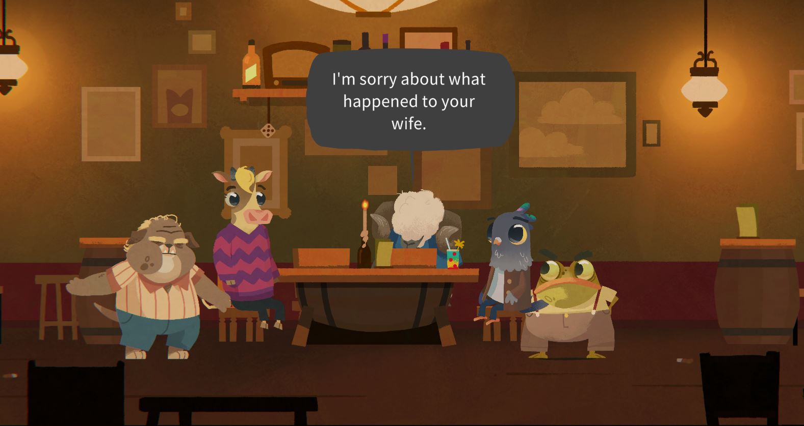 Finley, Mia and Karl in the pub with two angry residents of Porcupine.