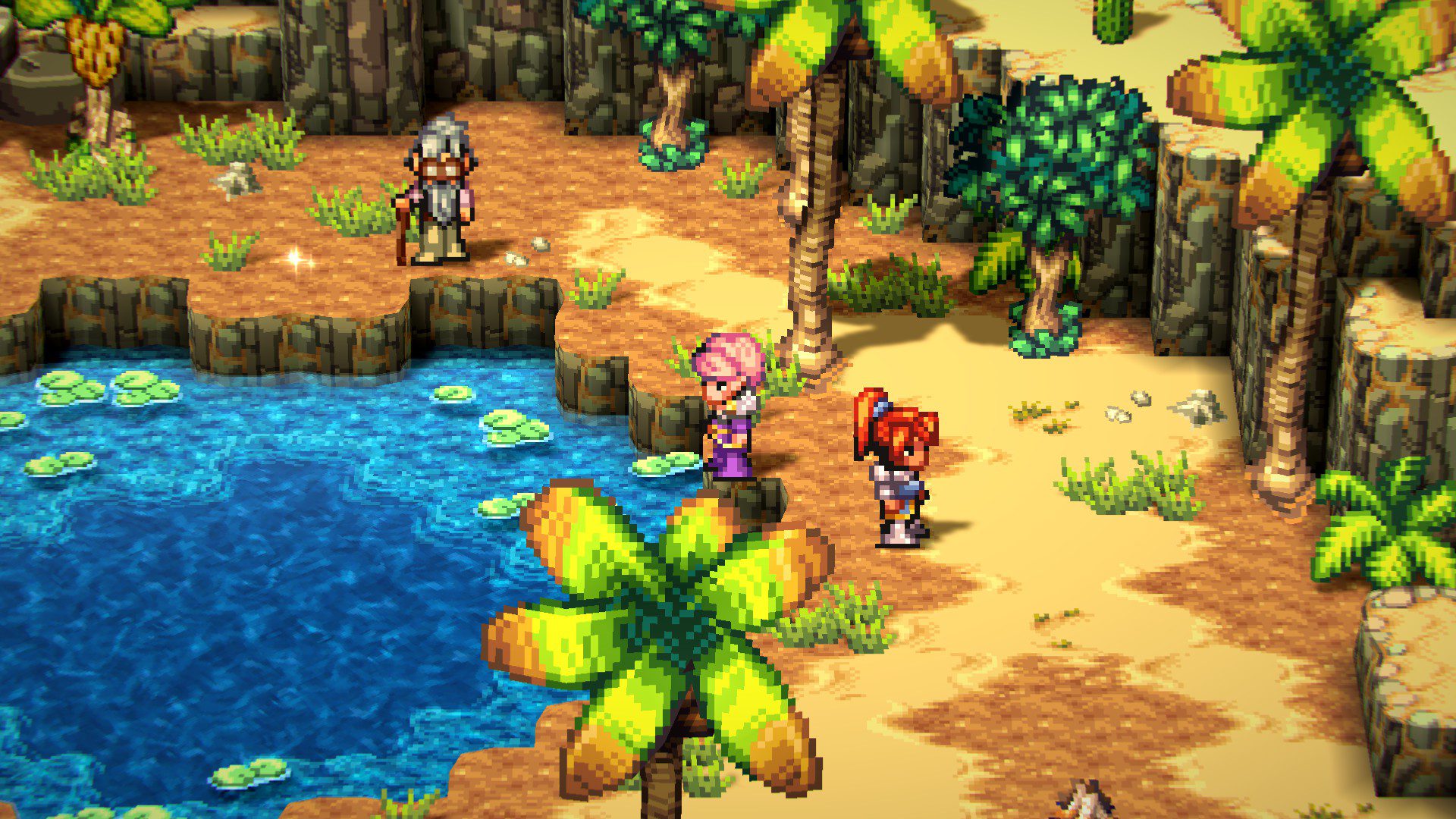 Sage, Pyra and the Hermit characters at an oasis
