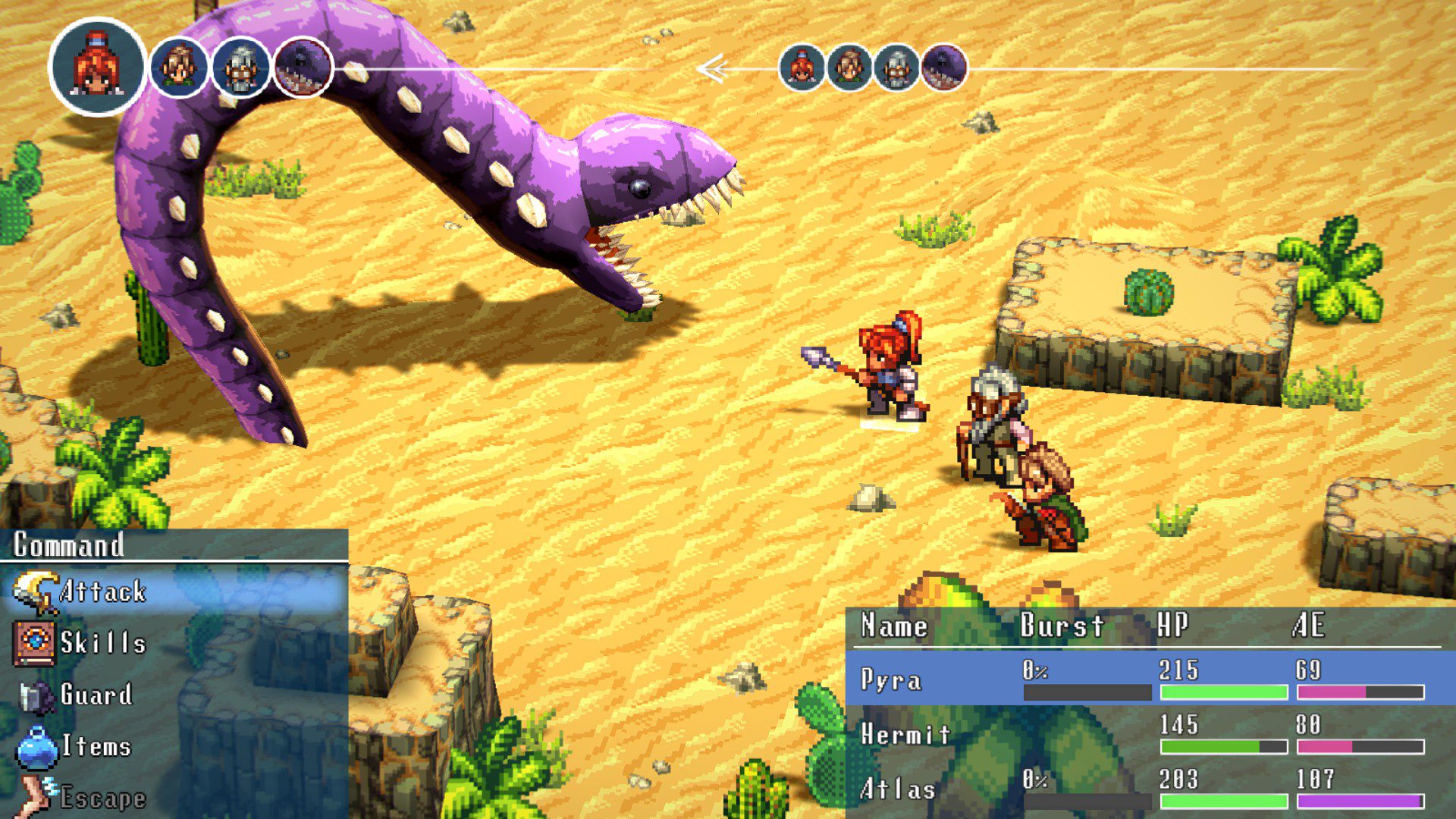 Pyra, Hermit and Atlas fighting a giant purple sand snake