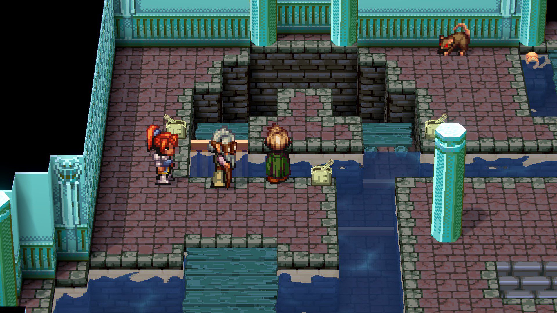Atlas, Pyra and the Hermit looking at the water puzzle, where water is not flowing inside a clearly open passageway