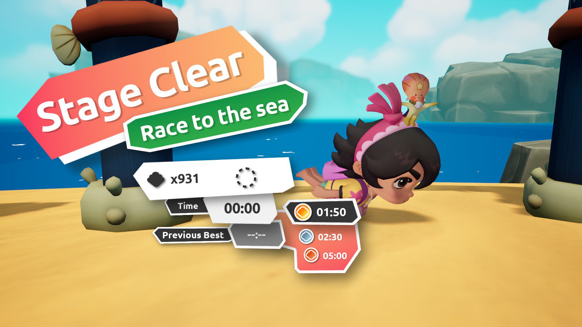 Koa making a swimming pose on the Stage Clear screen