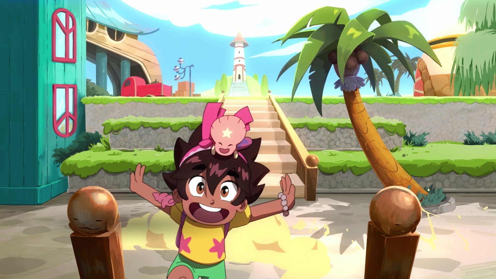 Koa from the 2D animated intro running towards the screen