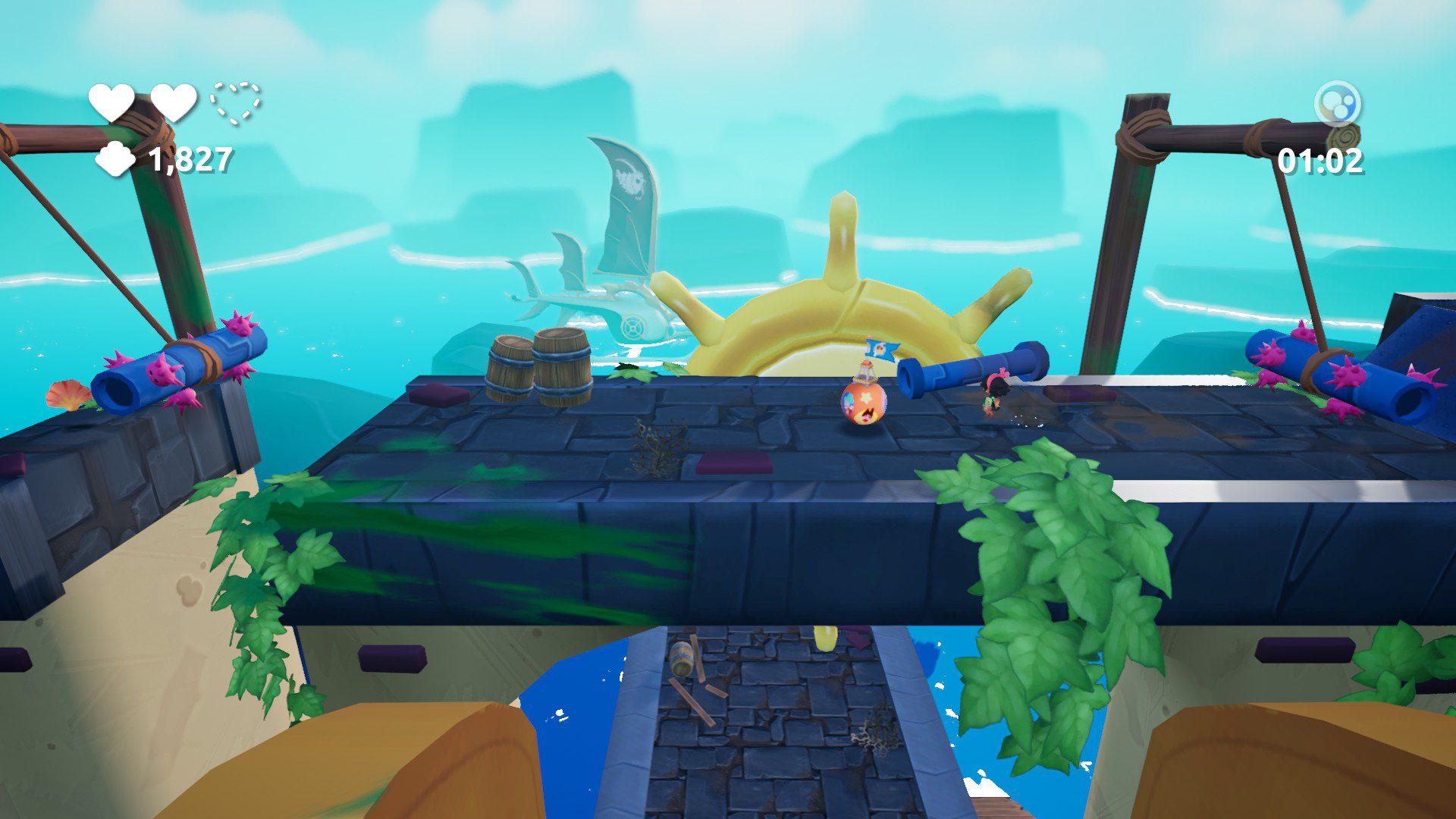 Koa's autoscroller boss, the pirate ship swimming in the background with some platforming challenges in the foreground