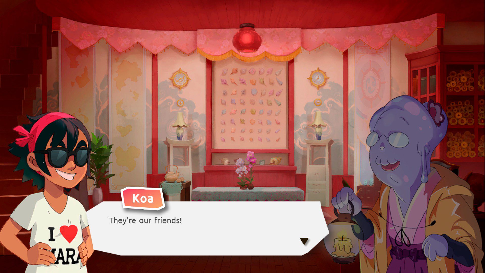 Koa talking to Saimi, an octopus grandma who fixes her map, saying "They're our friends!"