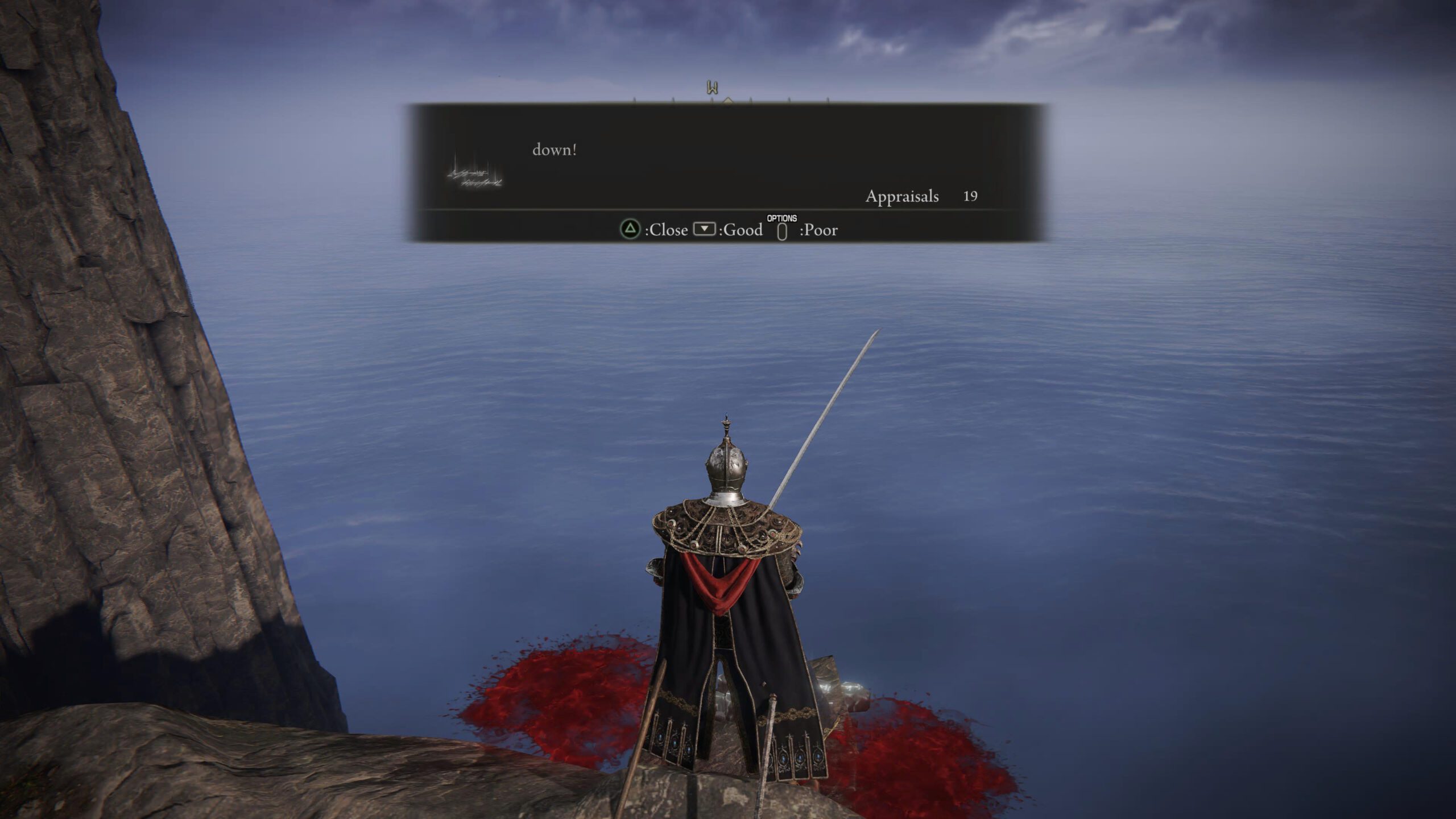 Elden Ring message reading 'down' off the edge of a cliff