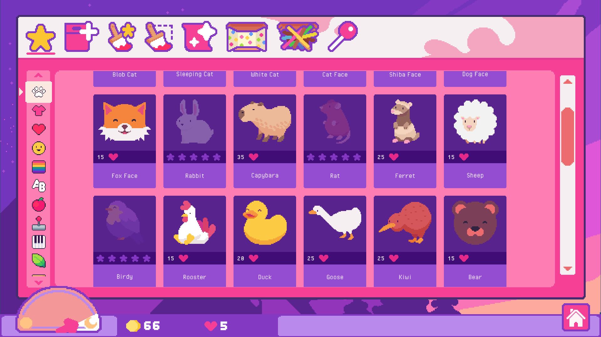 Some of the animal sticker upgrades