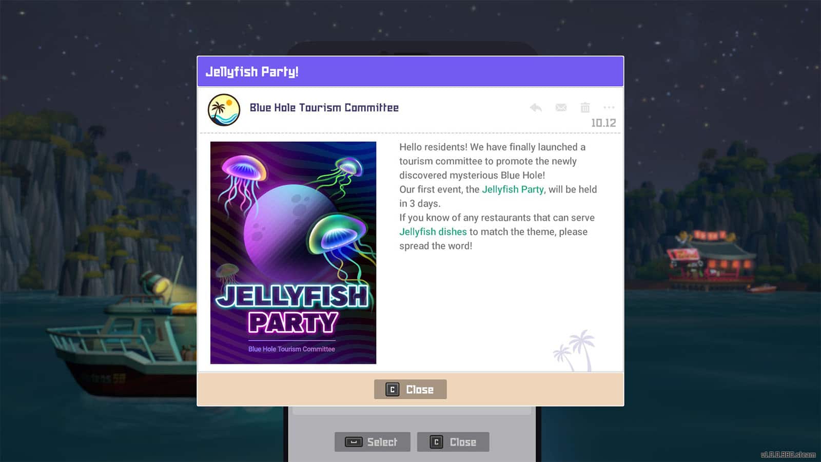 The party invite for the Jellyfish event in Dave the Diver